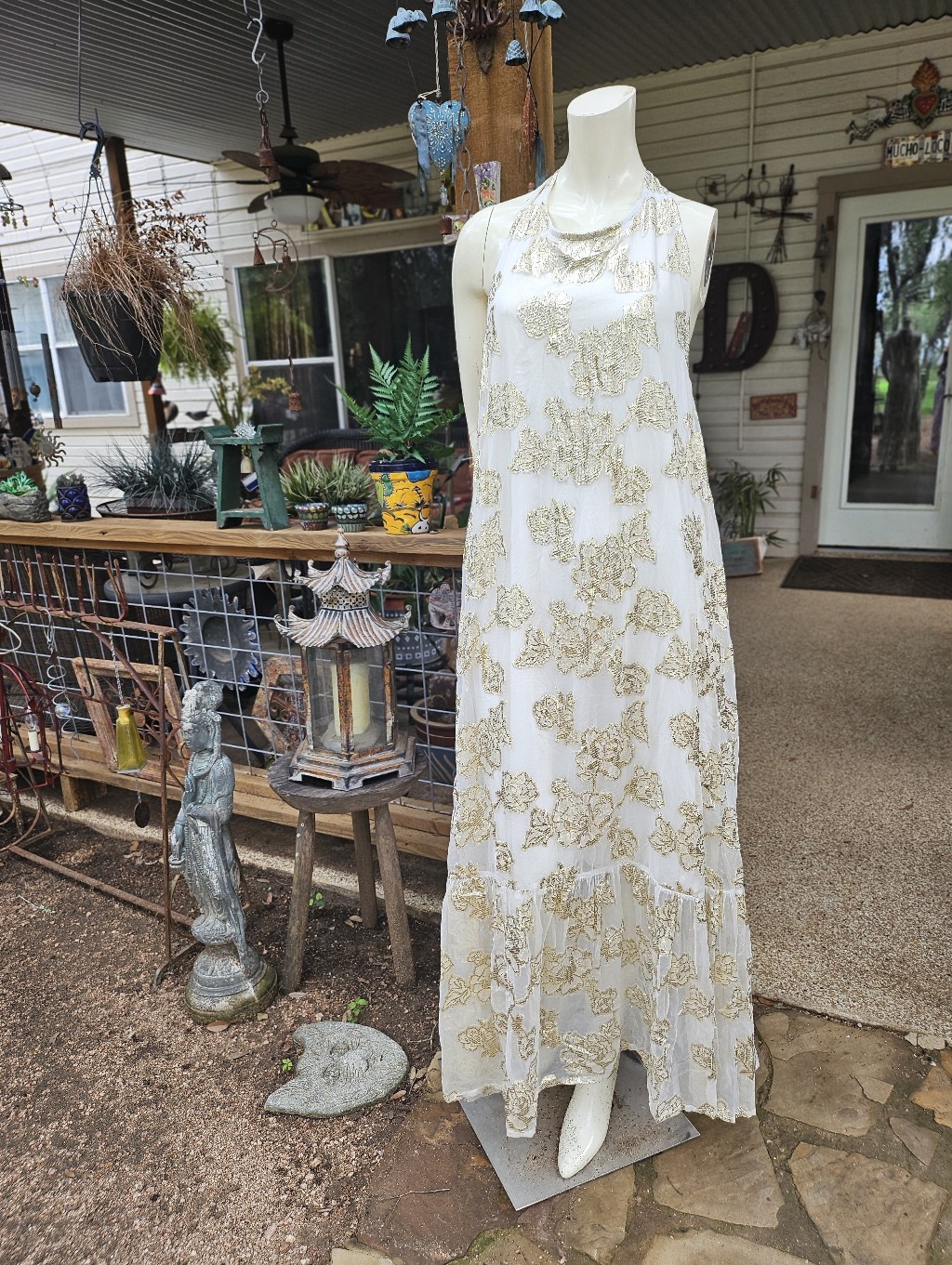 New W Tag Fab'rik Lulu Shimmer Floral Halter Maxi Dress White Gold Lurex L